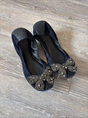 Tory Burch Black Crystal Bow Ballet Flats